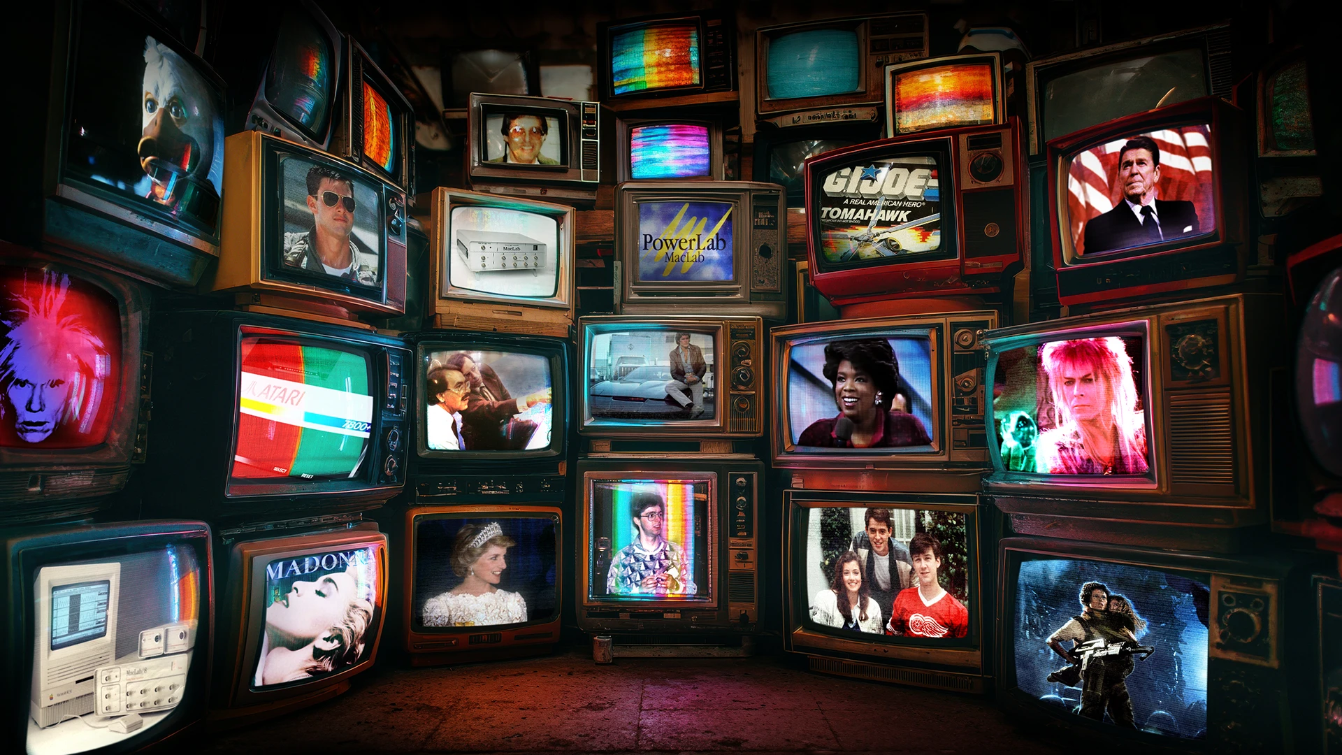 A dramatic wall of vintage CRT televisions showing scenes from 40 years of ADInstruments and popular culture, 1986–2026