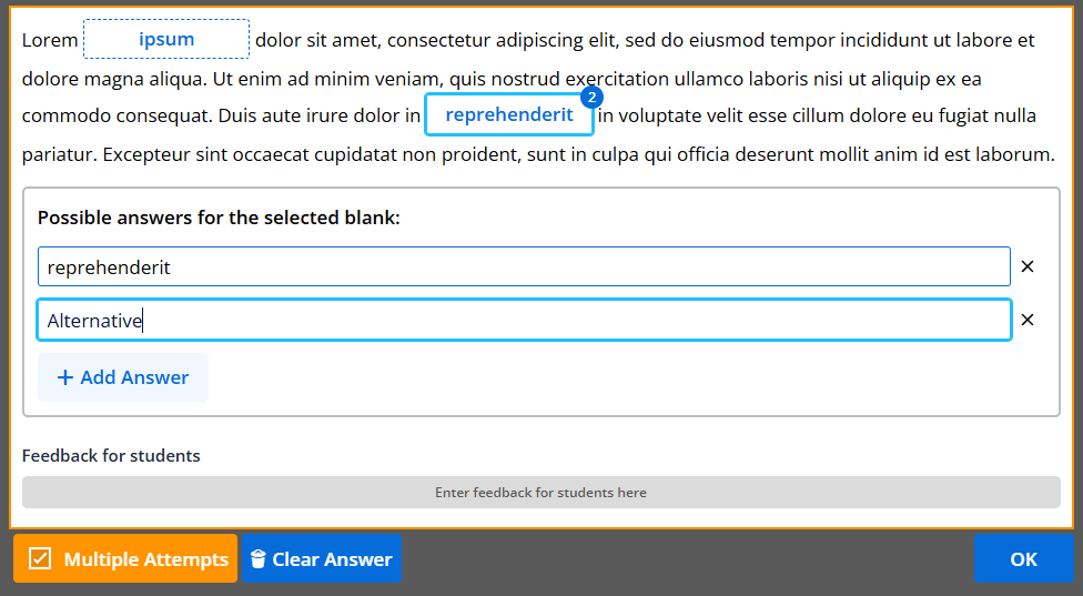 Adding alternative answers to Fill in the Blanks panel
