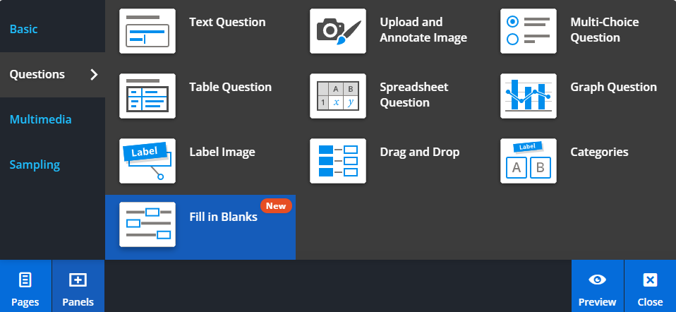 Adding a Fill in the Blanks panel from the Panels menu