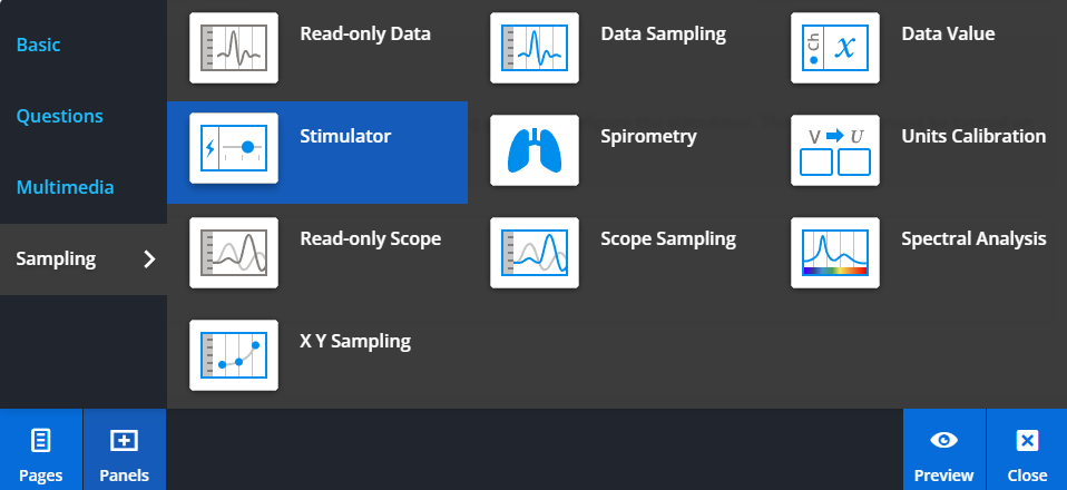 Adding a stimulator panel from the Panels menu