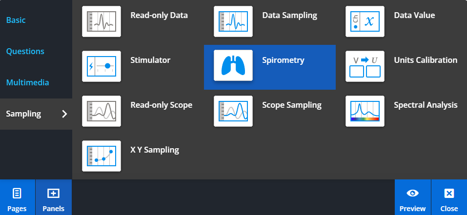 Adding a spirometry panel from the Panels menu