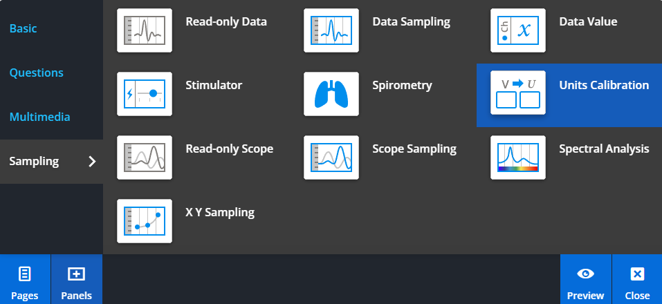 Adding a units calibration panel from the Panels menu