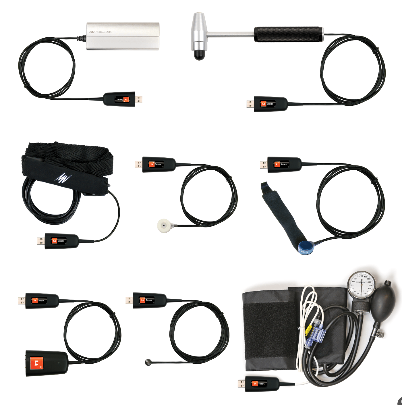 LT Sensors, a new hardware product for education, shown with a range of sensors