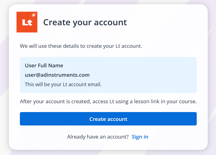 Lt Create account page showing the student's name and email supplied by the LMS