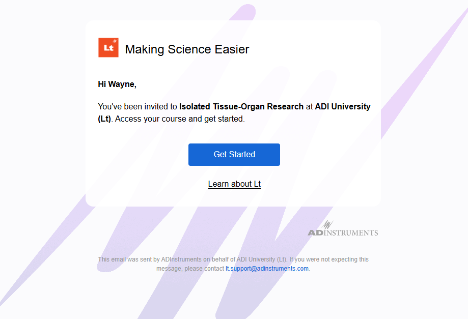 Lt student invitation email showing the Get started button
