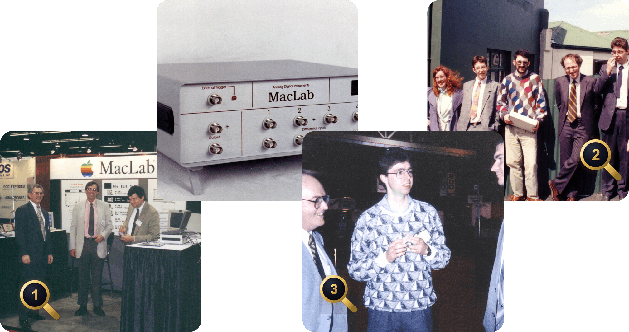 40th Birthday History Hunt promo collage — three numbered magnifying-glass icons hidden across historic ADInstruments photos