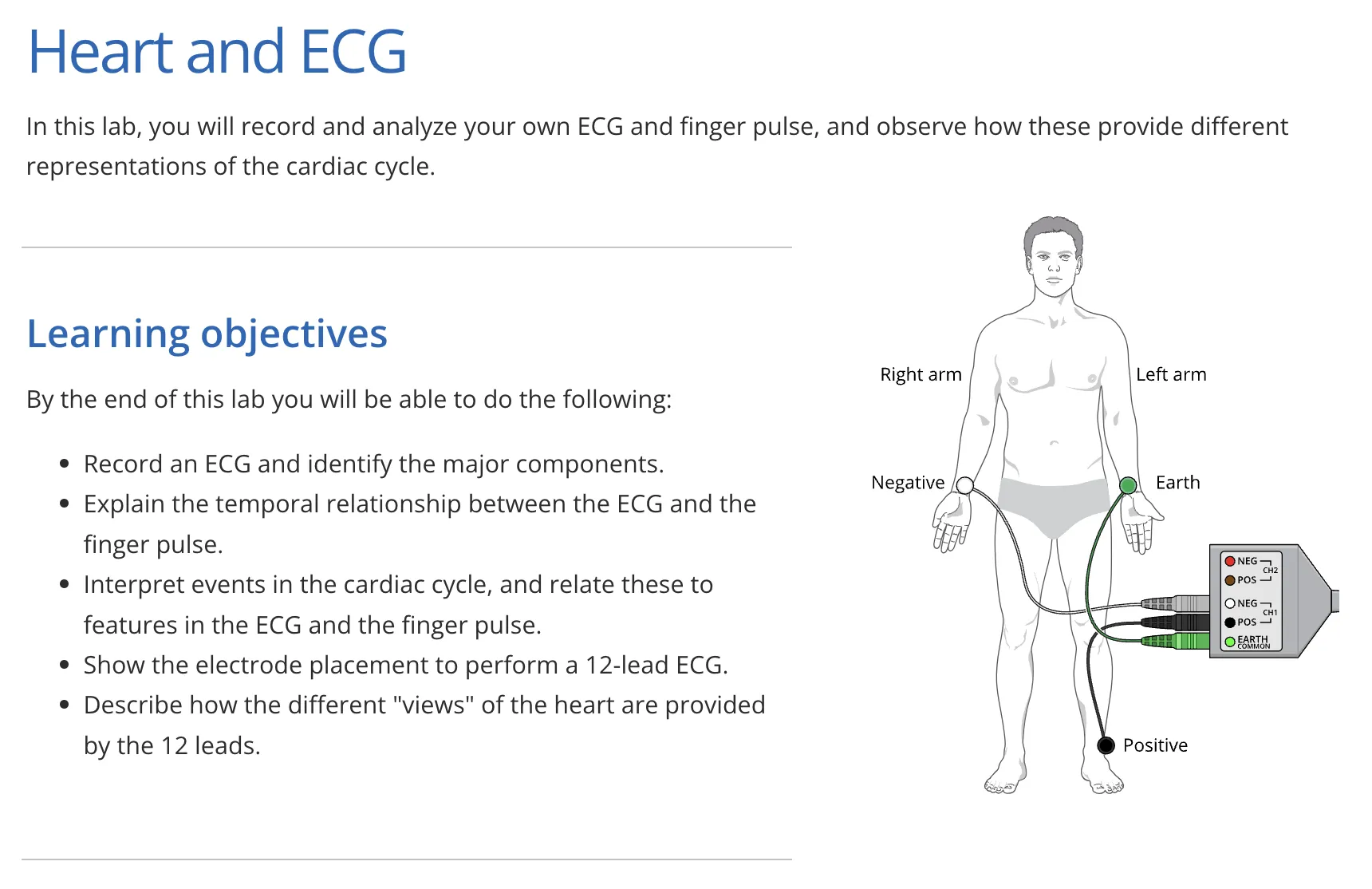 A screenshot of the first page of the Heart and ECG lab in Lt, showing a list of learning objectives.