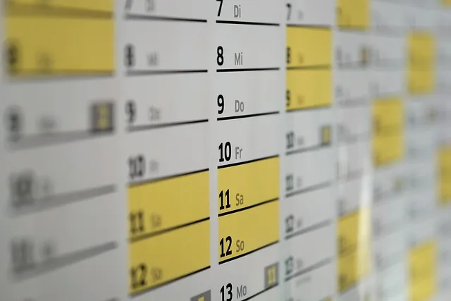 A calendar with yellow highlights on the weekends