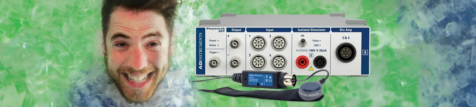 An image of a smiling man's face submerged in ice water. There is also a photo of a PowerLab 26T.