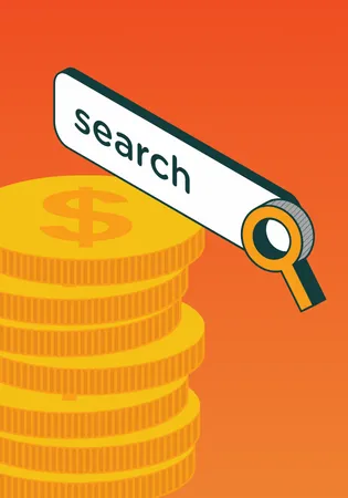 A stack of illustrated coins with a search bar overlaid.