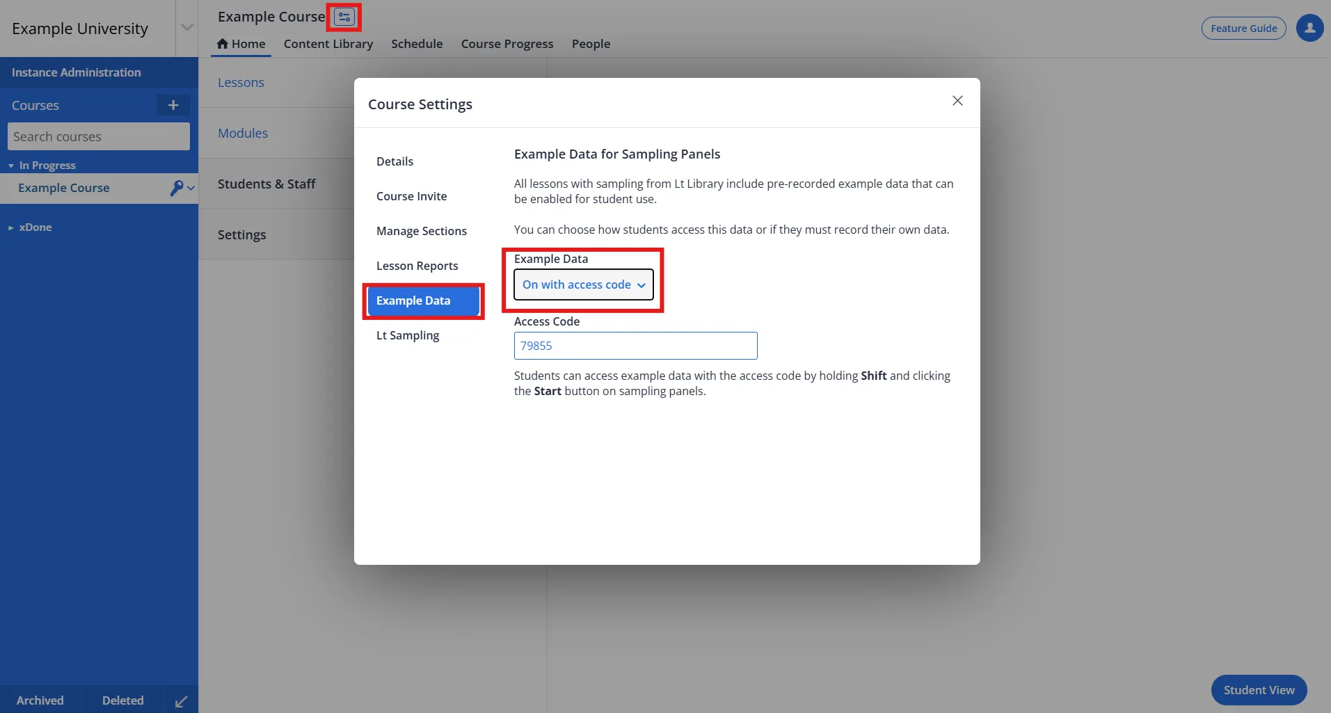 Settings panel for enabling example data in Lt