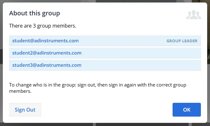A modal showing the group members who are logged in