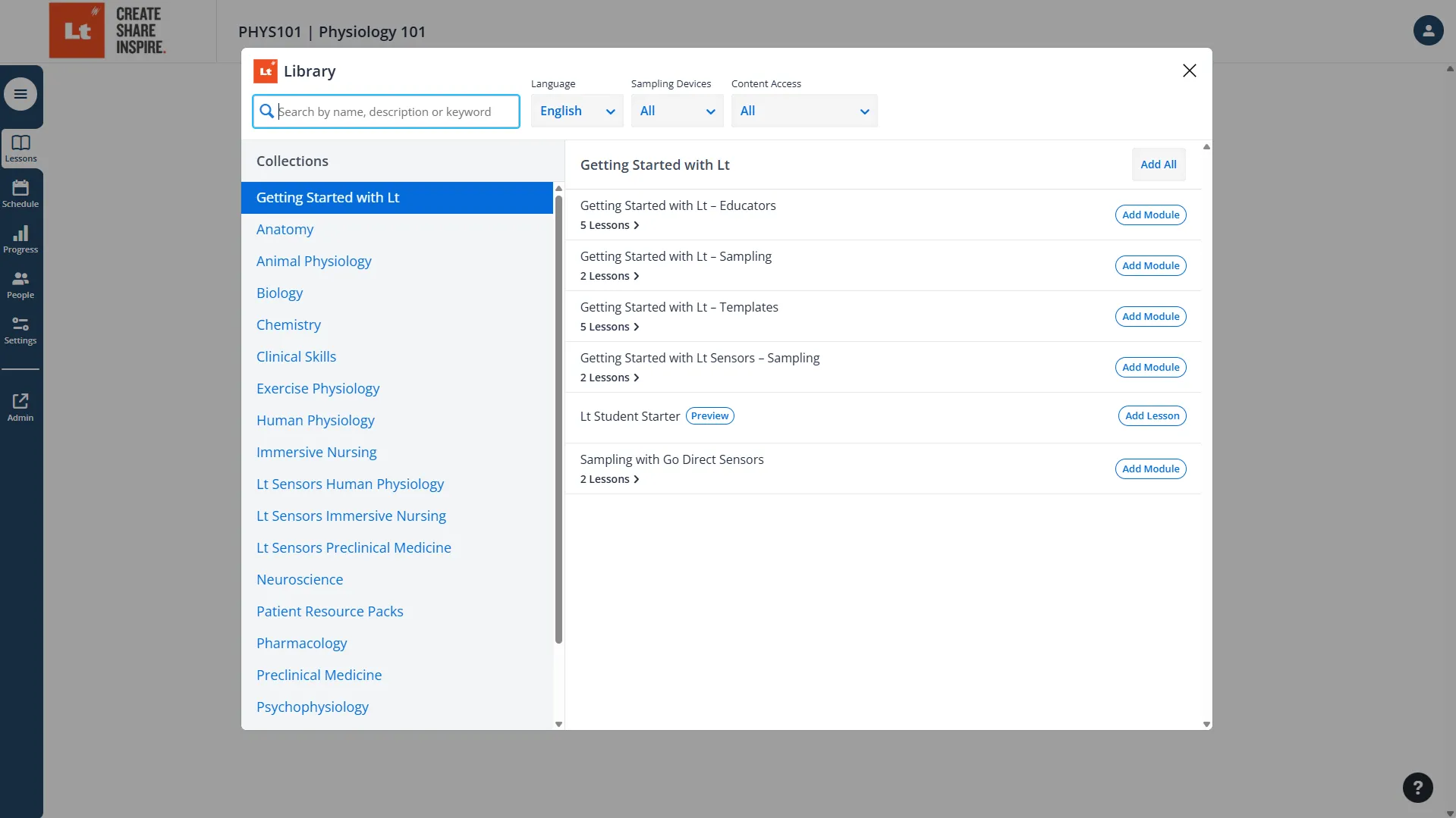image of the lt content library for importing content to lt