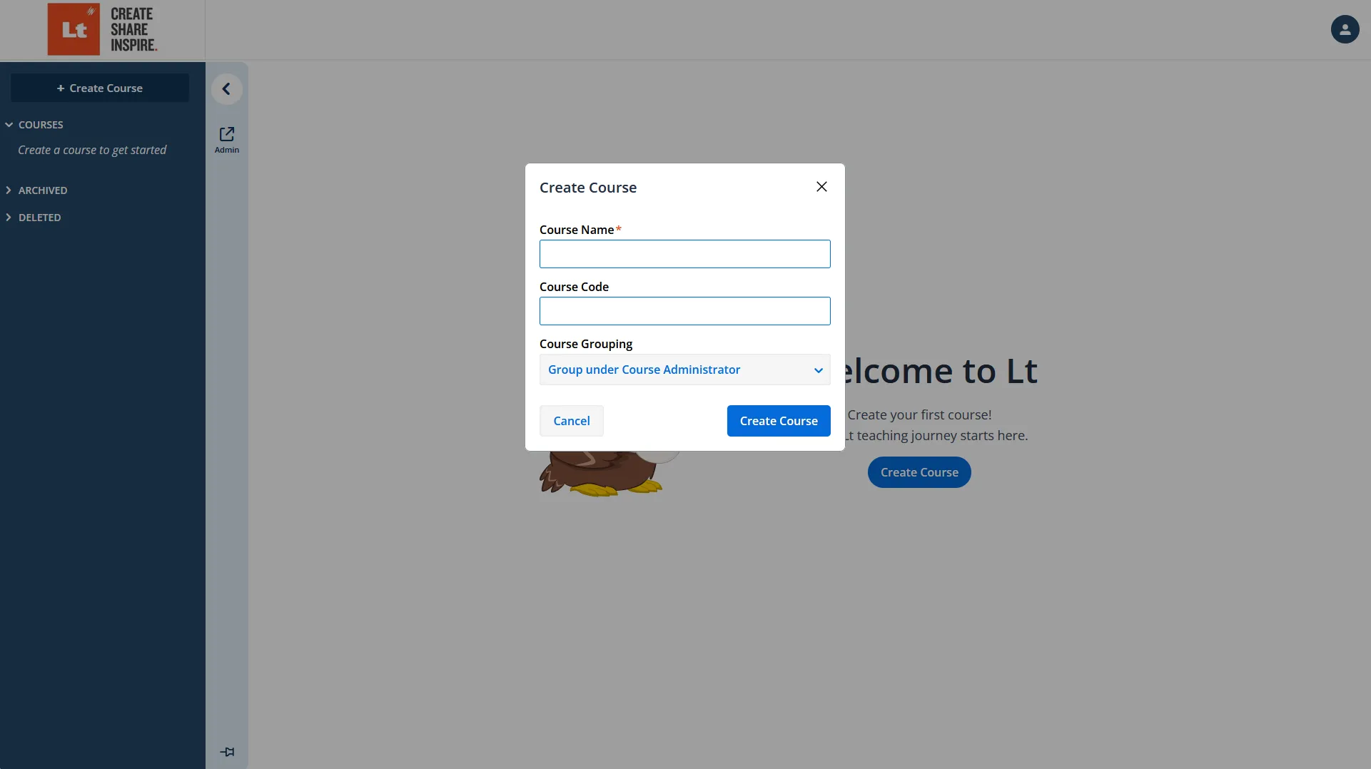 Image of the Lt Dashboard with a Create course modal with inputs for course name, course code and dropdown menu for course grouping