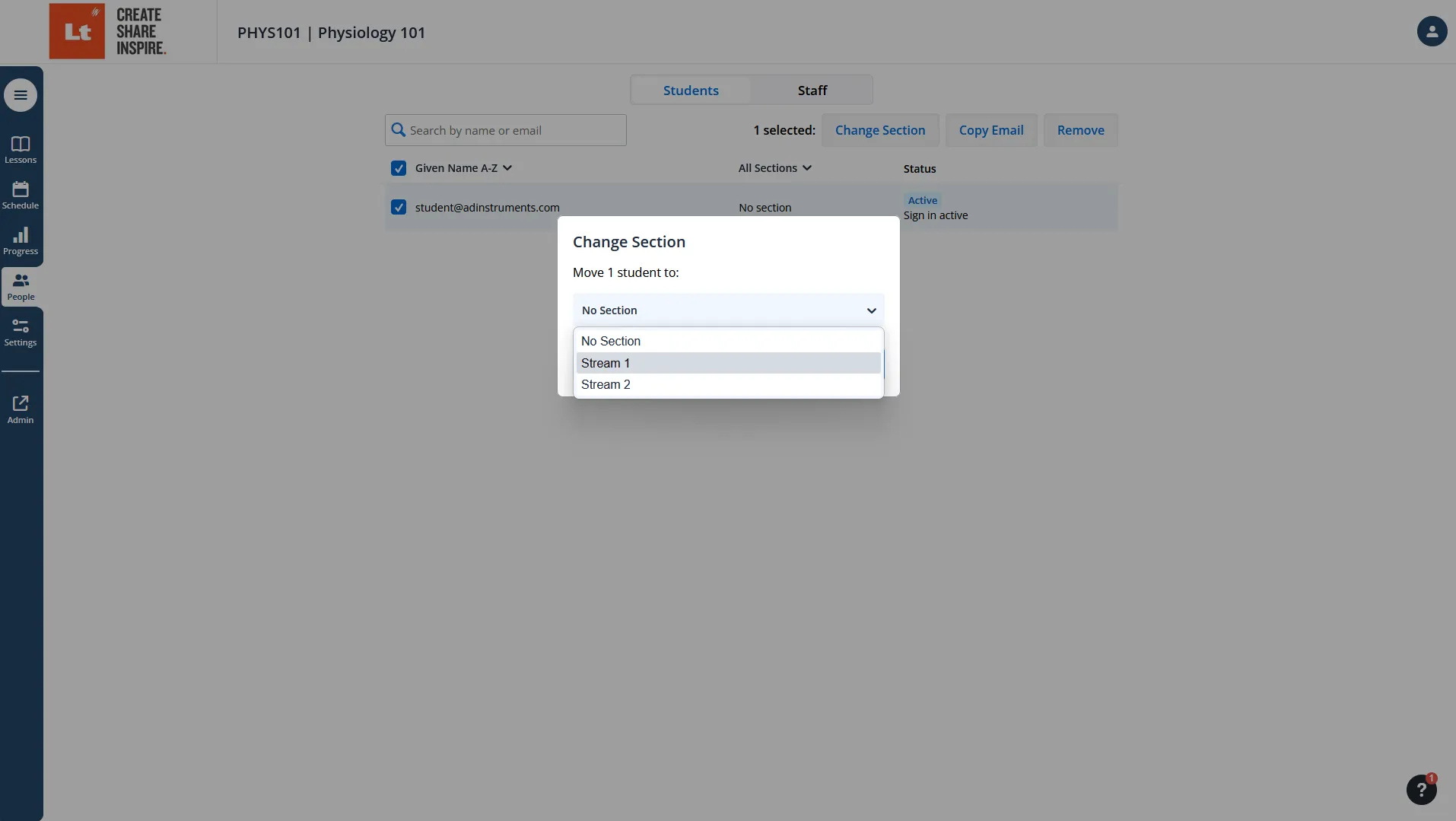 Modal showing the available sections you can place your students in