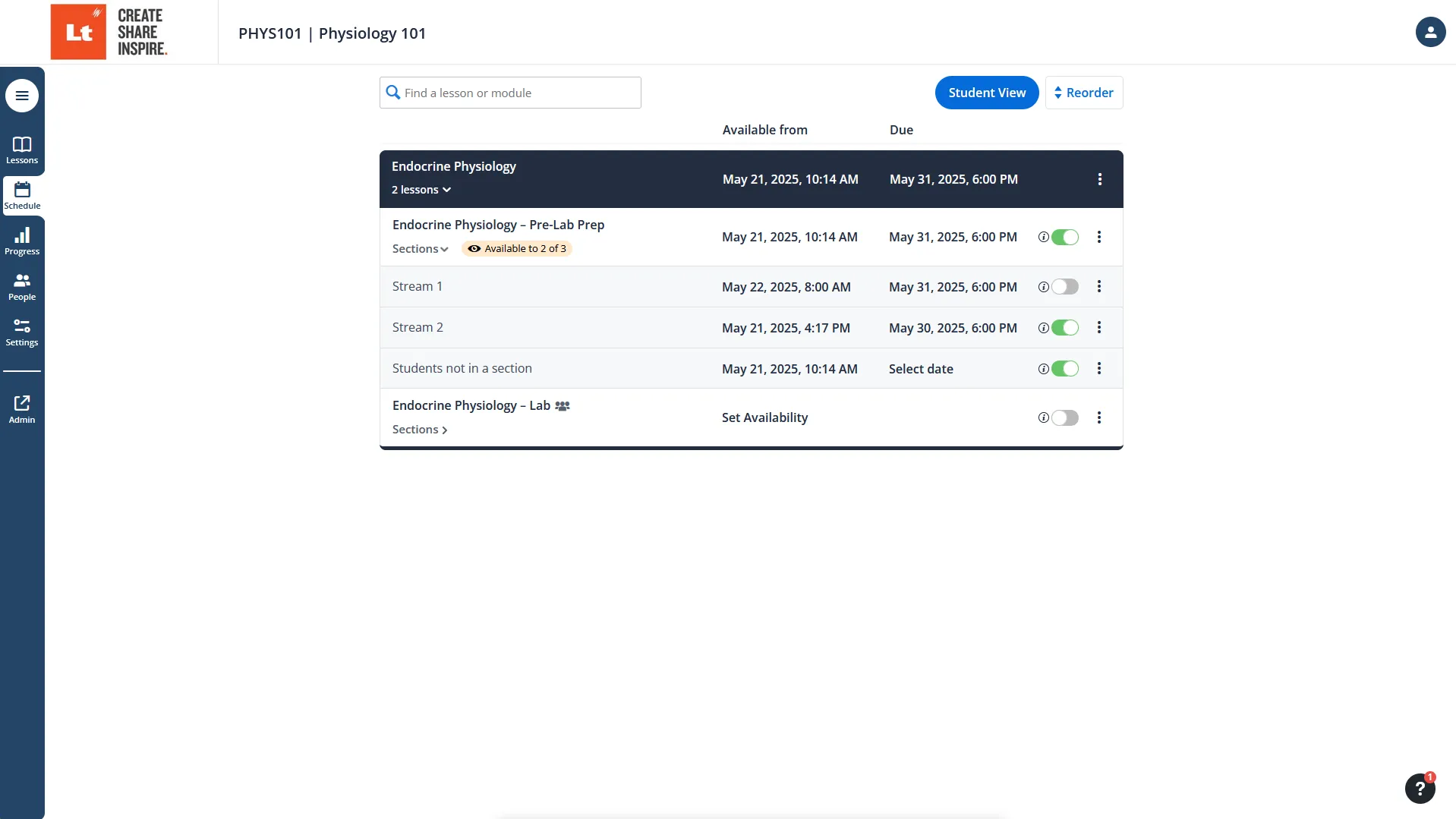 Shoes the dialog for scheduling lessons and the toggle for availability