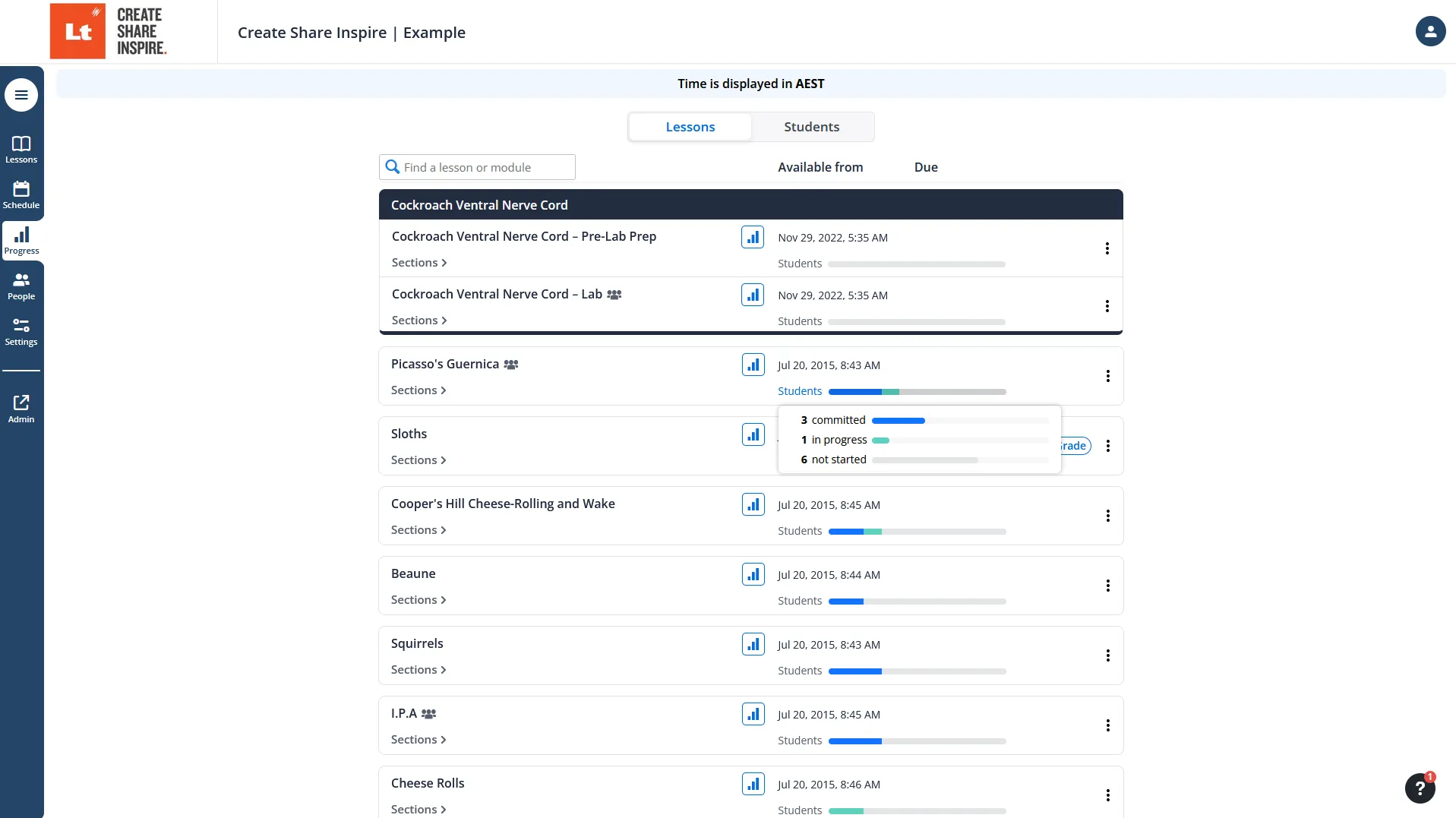 Shows the three states available for lesson progress in lt