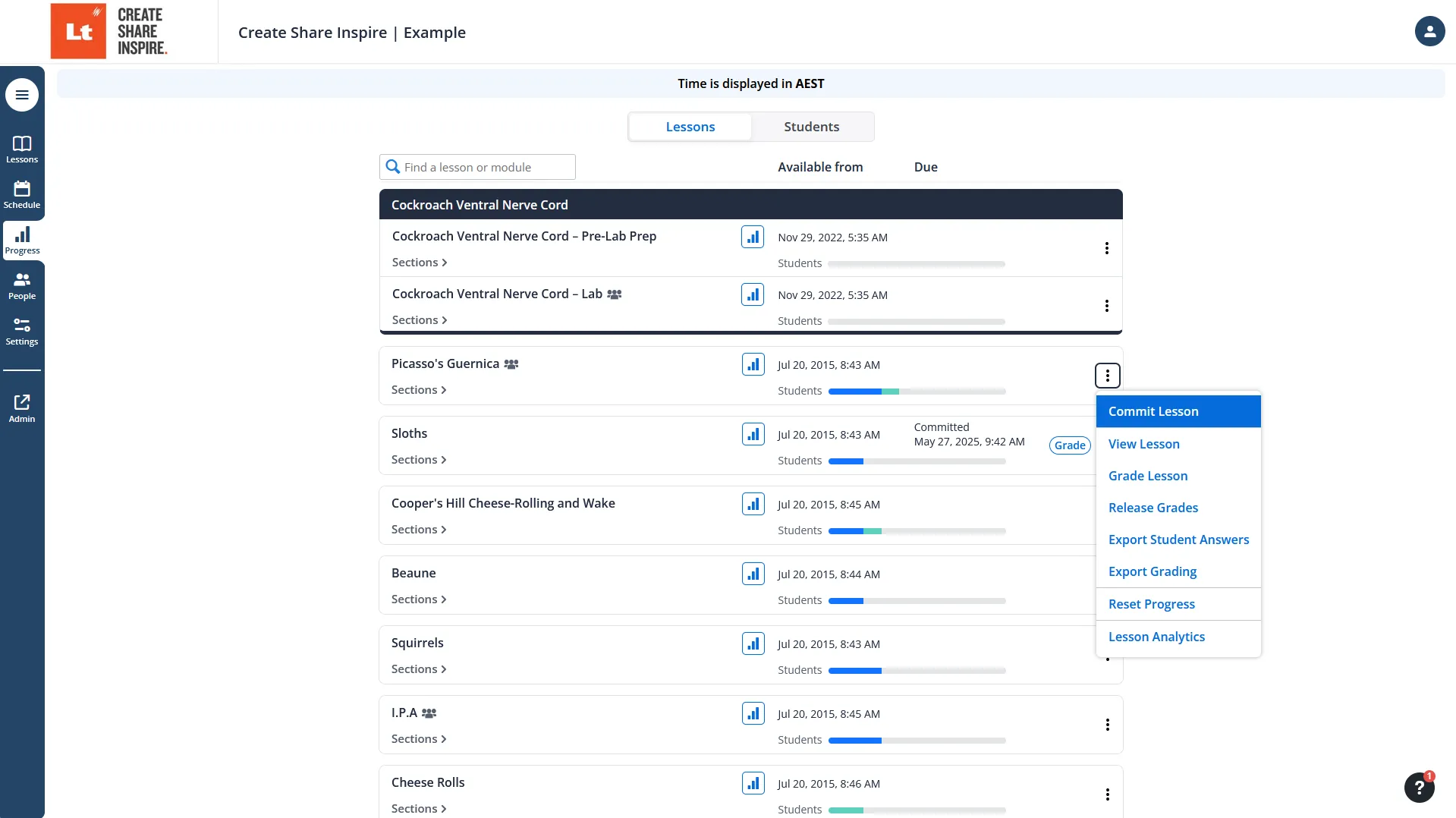 shows the progress bar for lessons available in a Lt course
