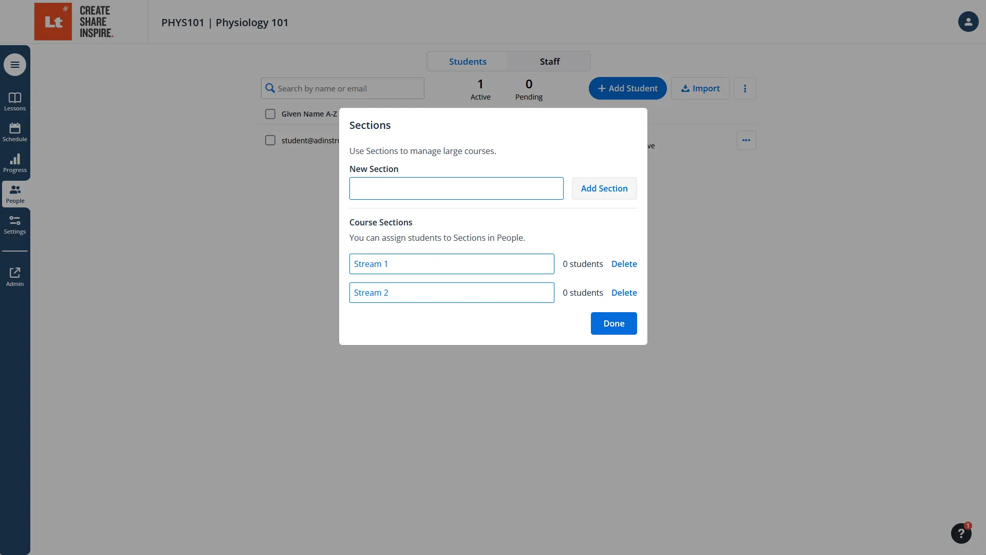 modal showing the available sections in your Lt Course, you can manage your sections from this modal