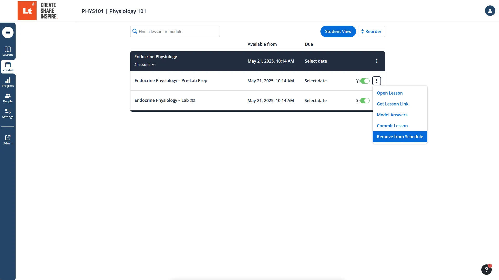 image showing the dialog to remove a lesson from Lt schedule