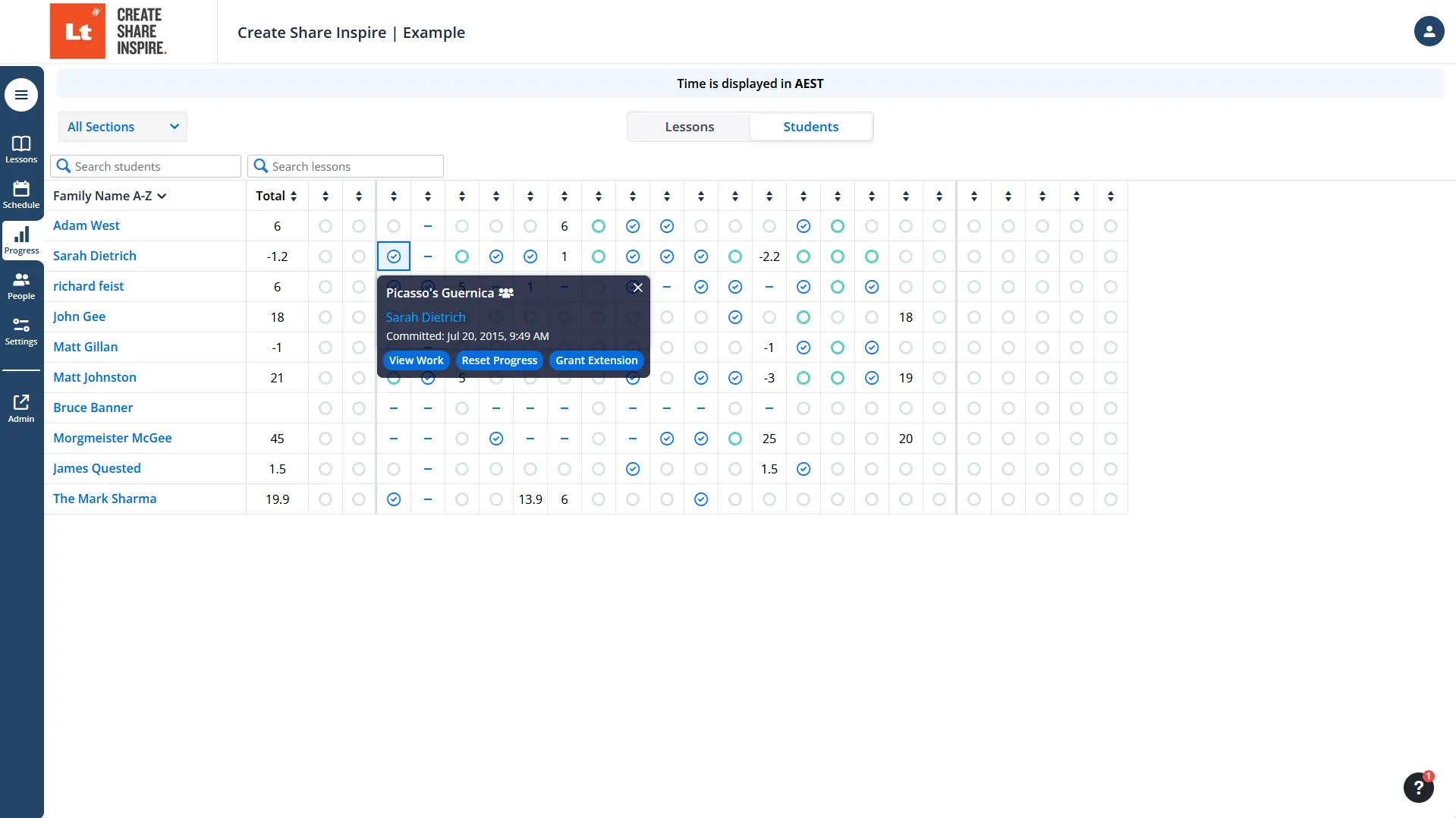 Shows the student progress grid with different states