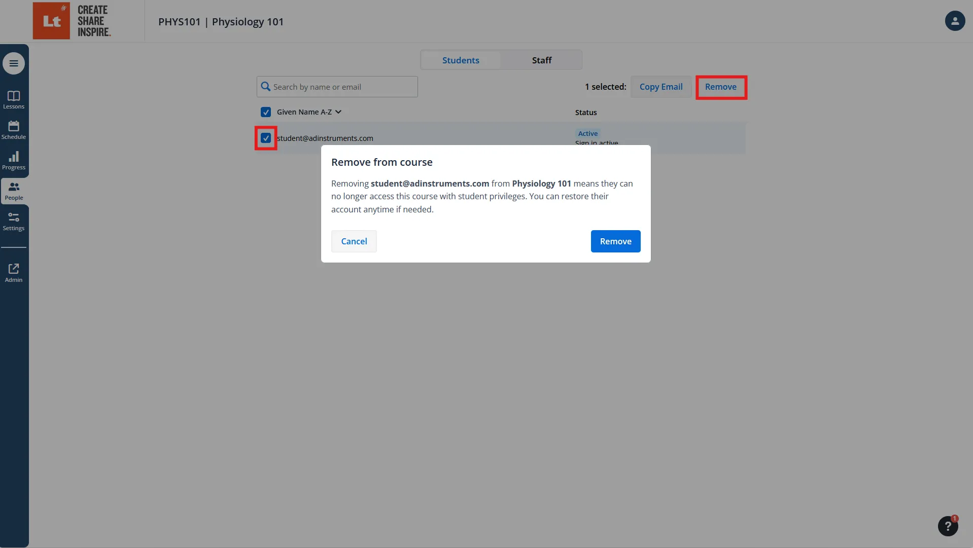 Image of Lt remove student dialog