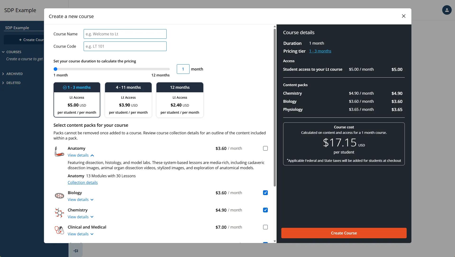 Displaying the modal for creating a new student pays course