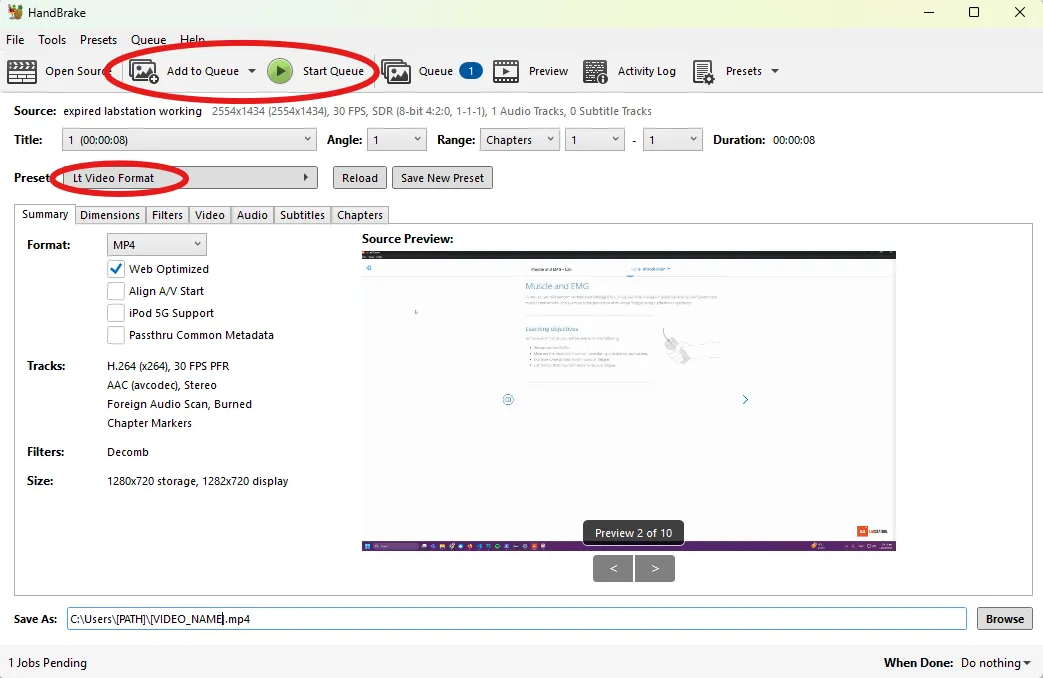 handbrake dashboard with preset and start encode circled