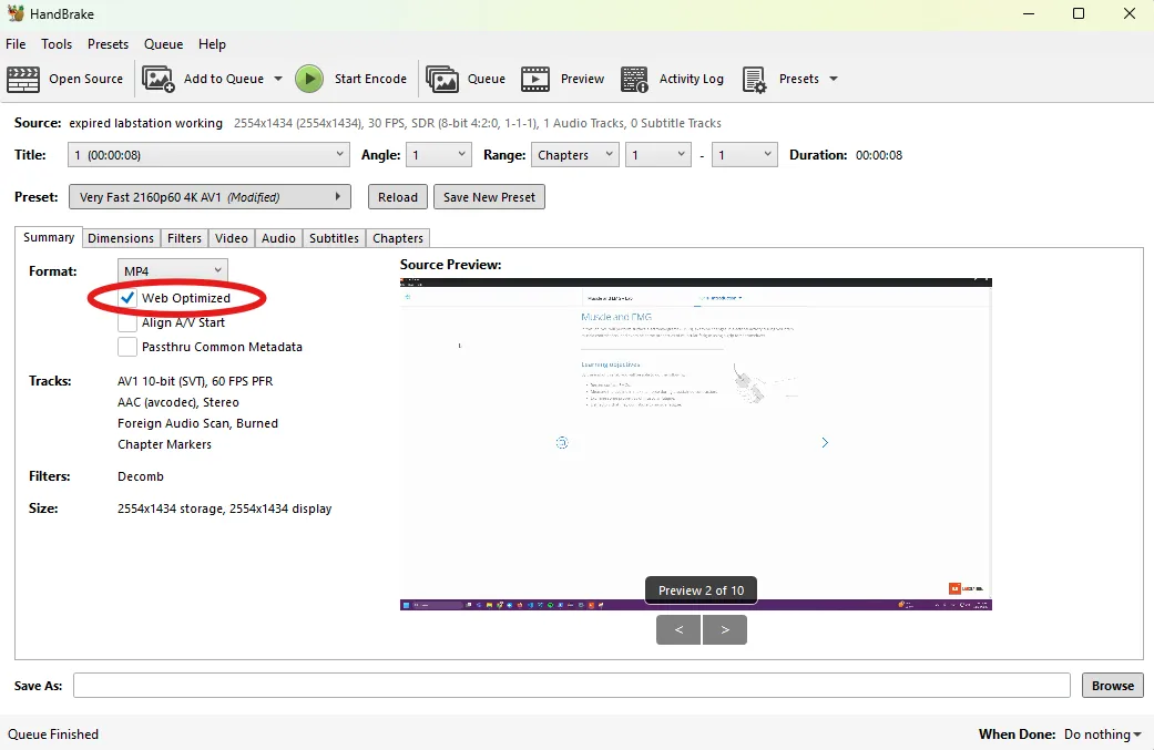 handbrake dashboard with web optimized circled
