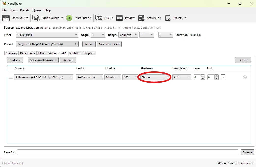 handbrake audio tab with stereo circled