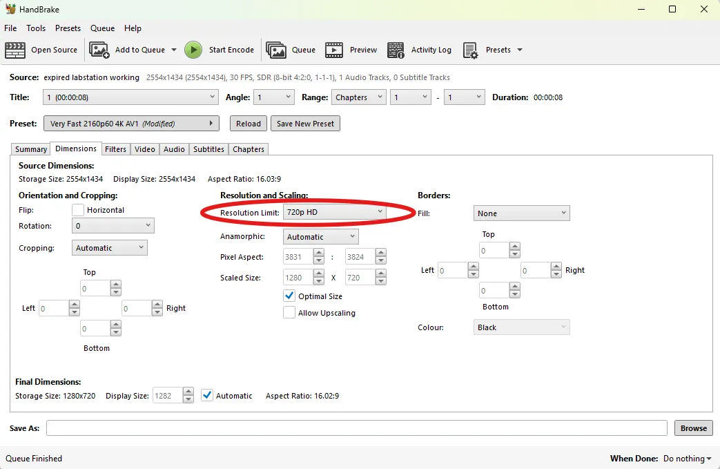 handbrake dimensions tab with 720p circled