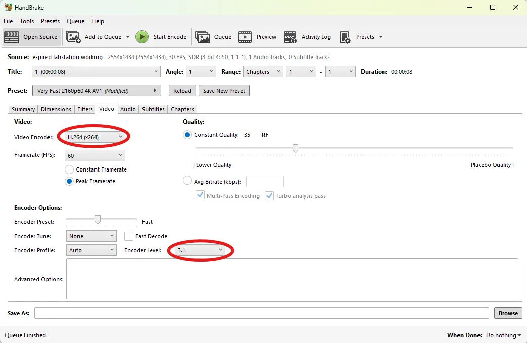 handbrake video tab with codec and encoder level circled