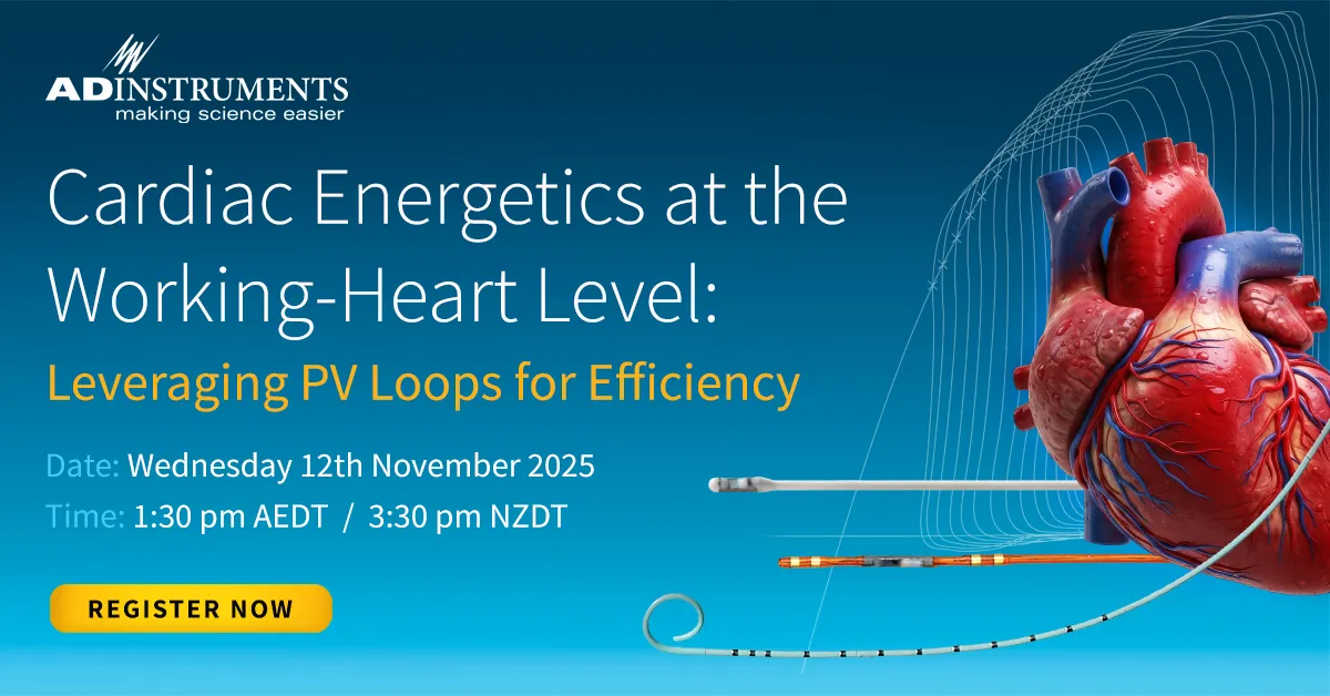 Promotional banner with an image of a heart, Millar catheters and a PV loop.