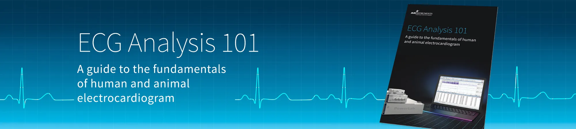 ECG guide banner - blue background with a brochure off to the right. The text 'ECG analysis 101 - a guide to the fundamentals of human and animal electrocardiogram'