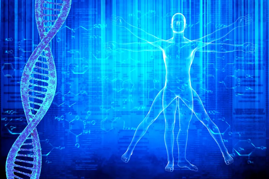 DNA helix with human body next to it