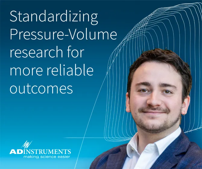 A blue tile with the words 'Standardizing Pressure-Volume research for more reliable outcomes', an image of a pv loop, and a photo of dr oliver wearing