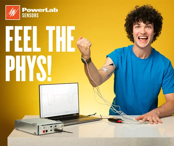 A student wears an EMG sensor on their arm. Text overtop of the image says "Feel the Phys!"