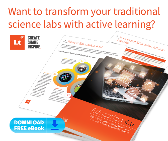 A blog list image that shows the Education eBook, a download button, the Lt logo, and the text "Want to transform your traditional science labs with active learning?".