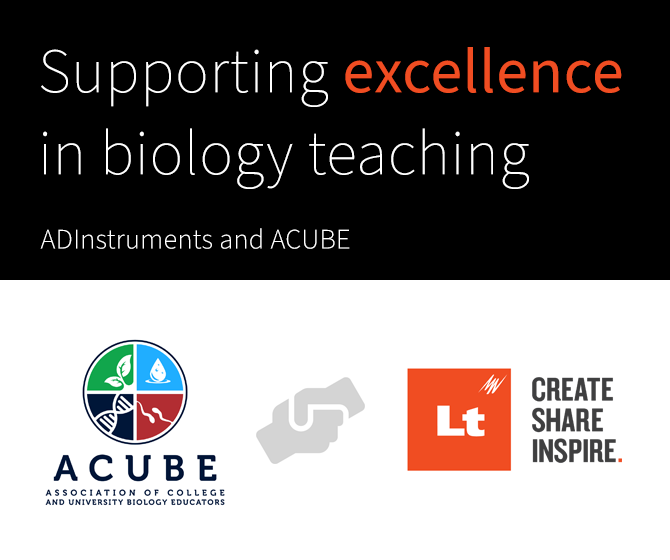 A blog list image that says "Supporting excellence in biology teaching" and "ADInstruments adn ACUBE". Below the text are the ACUBE and Lt logos, and a handshake graphic.