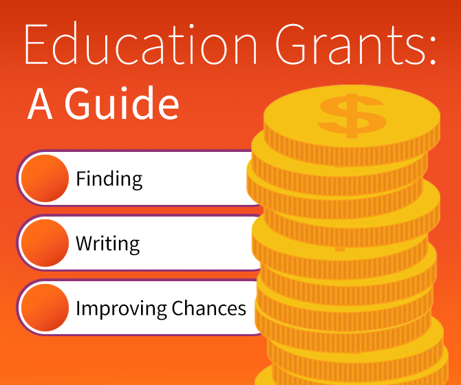 A blog list image showing a stack of illustrated coins and a 3-point bulleted list. White text against an orange background reads, "Education Grants: A Guide". The text in the bulleted list reads, "Finding", "Writing", and "Improving Chances".
