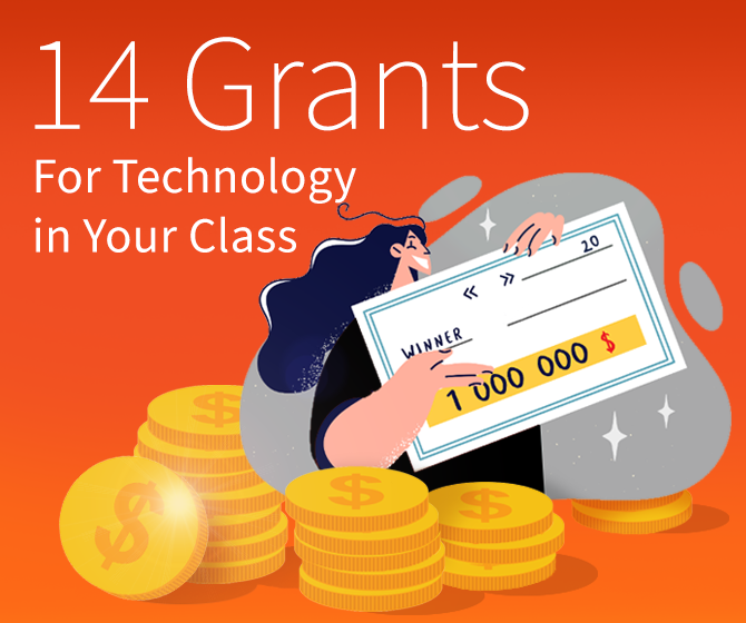 An illustrated blog list image showing a person holding a cheque surrounded by stacked coins. White text against an orange background reads, "14 Grants For Technology in Your Class".