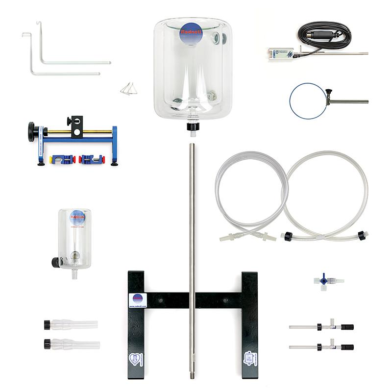 A photograph of the components of the PTK22 Basic Pharmacology Kit, alongside a Teaching Force Transducer.