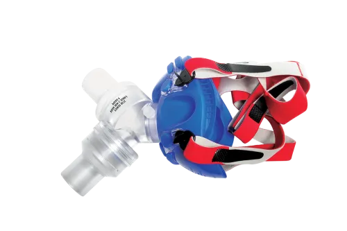 A red and blue V2 silicon face mask with a Y-shaped two-way non-rebreathing valve attached.