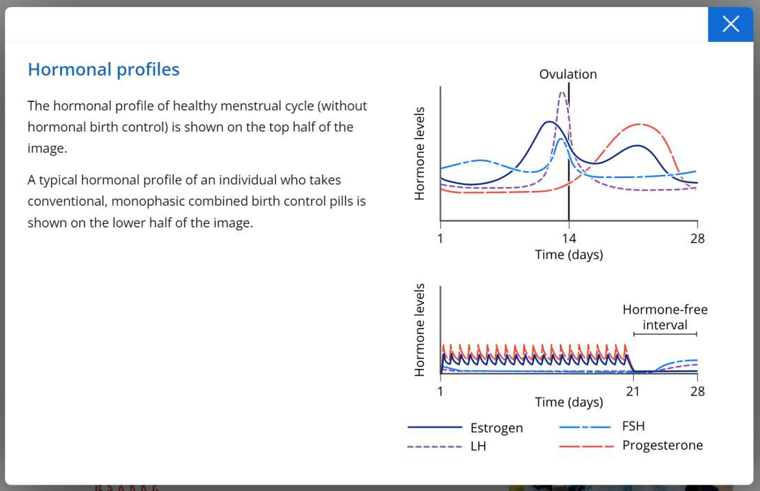 A screenshot of a popup in Lt showing the hormonal profiles of a) a healthy menstrual cycle and b) a typical hormonal profile of someone who takes combined birth control pills.