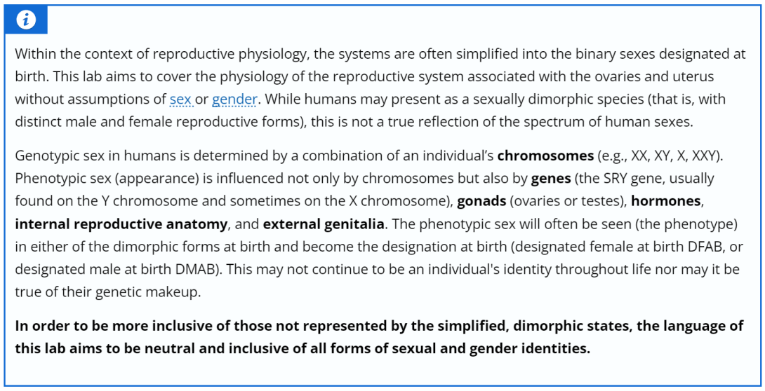 A screenshot of the inclusive language disclaimer that appears at the start of the reproductive lessons and labs.