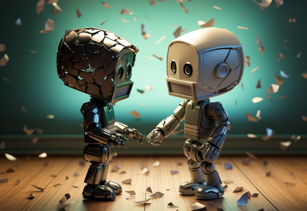 Two robots shaking hands in a room with broken glass