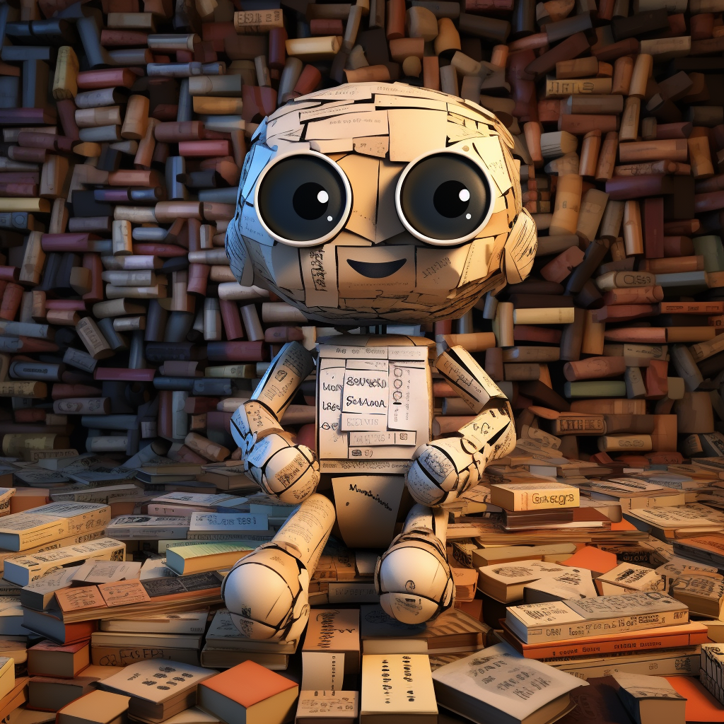 Cartoon robot made of books in a messy room full of books