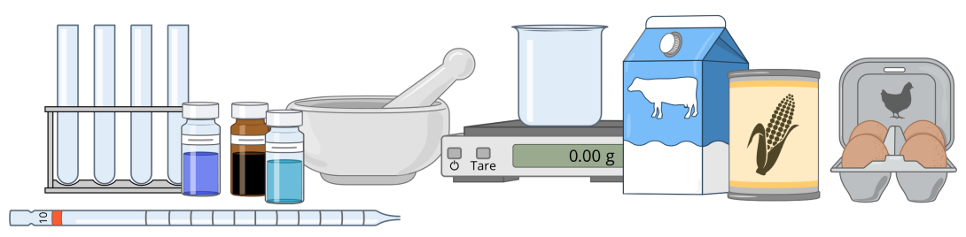 An illustration from the lab showing glassware, a mortar and pestle, a scale, milk, a can of corn, and a carton of eggs.