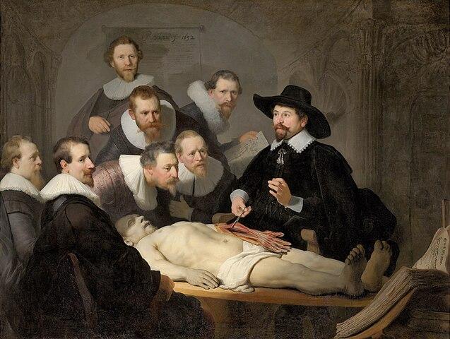 A painting of an old fashioned doctor performing a cadaver dissection