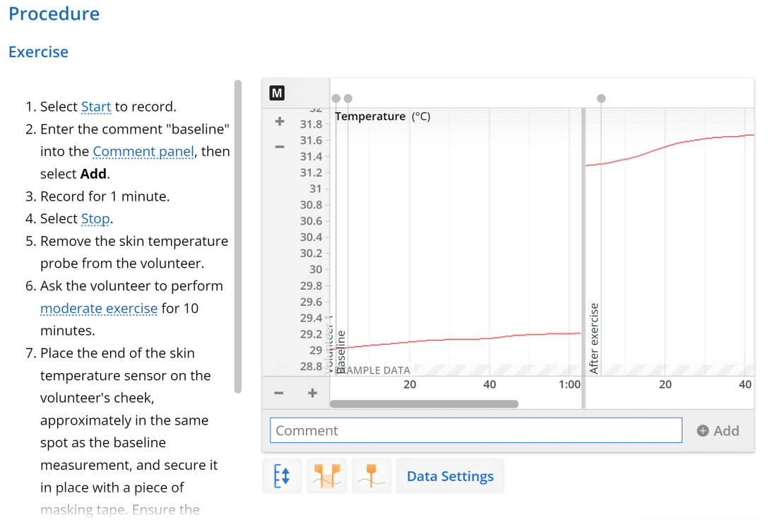 Thermoregulation is an example of homeostasis. This screenshot shows temperature data recorded from a human volunteer in the lab.